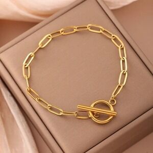 Gold‎ Stainless Steel Toggle Clasp Bracelet Women's Paperclip Chain Jewelry